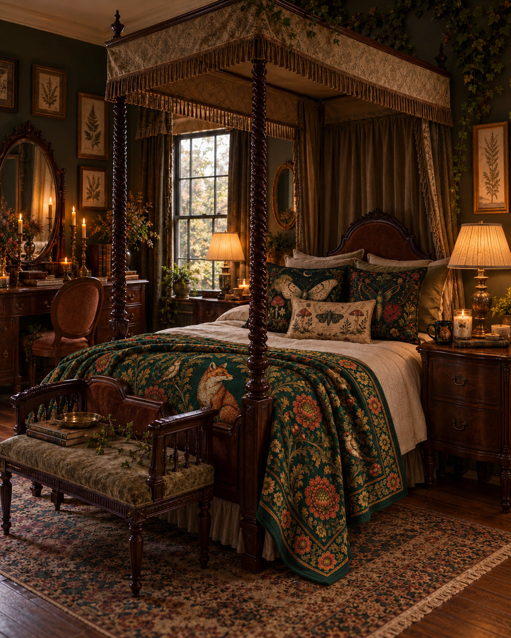 Dark cottagecore Victorian bedroom styled with Crimson Grove botanical pillows and a Foxfire Retreat woodland fox blanket