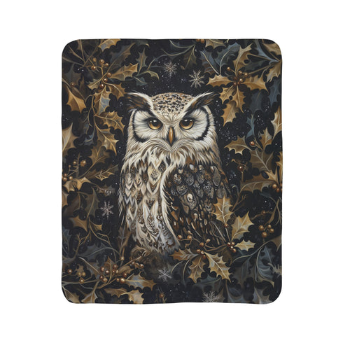Woodland Christmas Owl Fleece Sherpa Blanket – Gothic Winter Nature Throw