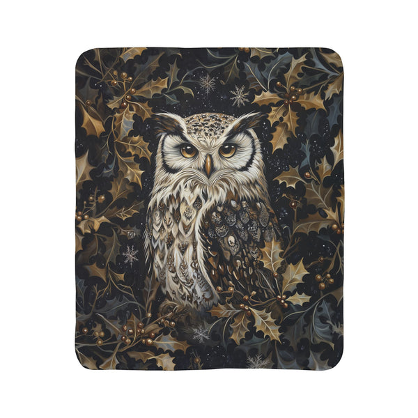 Woodland Christmas Owl Fleece Sherpa Blanket – Gothic Winter Nature Throw