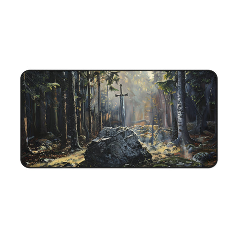 Excalibur in Forest Desk Mat | Medieval Fantasy Landscape, Sunlit Mossy Woods