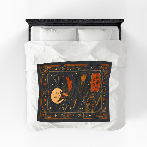 Vintage Halloween Witch Blanket | Retro Moon Velveteen Fleece Throw