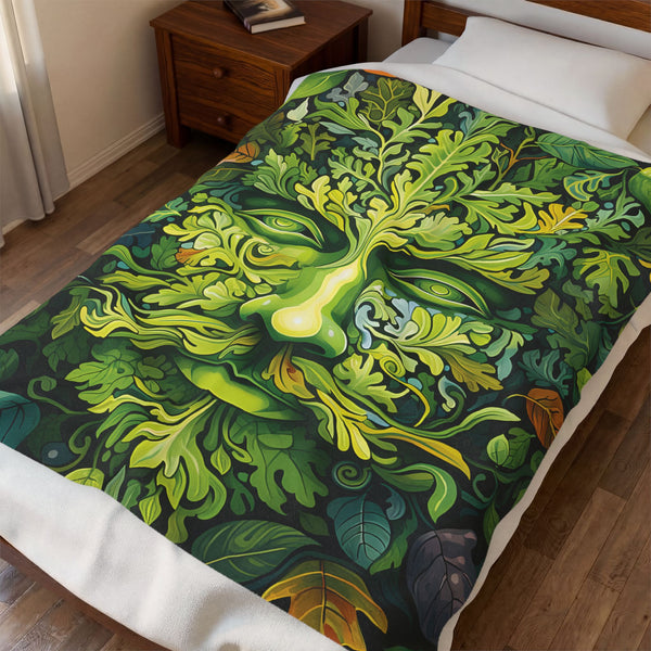 Green Man Face Forest Folklore Velveteen Plush Blanket Throw