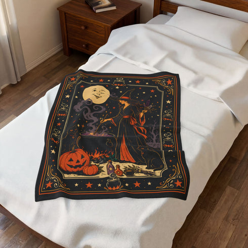 Vintage Witch Halloween Blanket | Cauldron, Black Cat & Pumpkin Throw