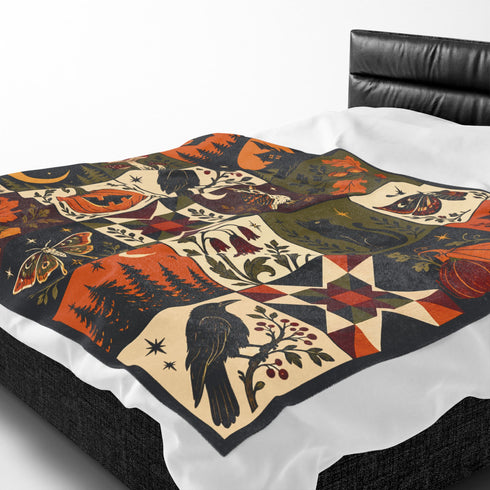 Vintage Halloween Patchwork Blanket | Dark Cottagecore Velveteen Fleece Throw