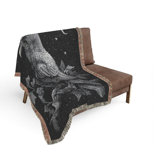 Raven Woven Blanket Black & White Jacquard Cotton Throw, Gothic Moon and Stars Tapestry, Crow Wall Art, Occult Witchy Home Decor