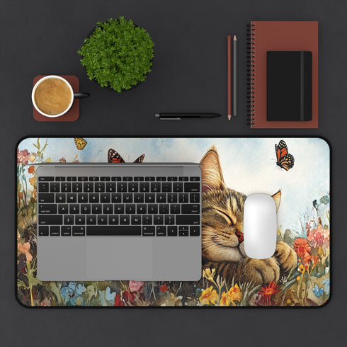Charming Sleeping Kitten Desk Mat Fully Customizable, Anti-Slip, Neoprene Office and Home Decor in 3 Sizes