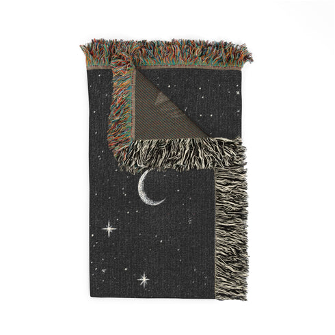 Raven Woven Blanket Black & White Jacquard Cotton Throw, Gothic Moon and Stars Tapestry, Crow Wall Art, Occult Witchy Home Decor