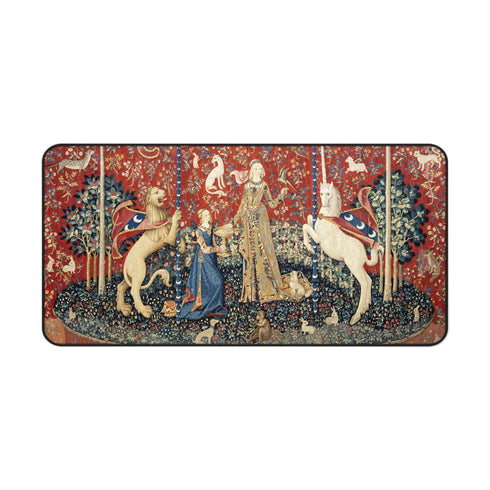 Medieval Tapestry Lady with Lion and Unicorn Desk Mat | Renaissance Art Mouse Pad