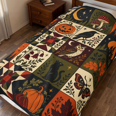 Vintage Halloween Patchwork Blanket | Dark Cottagecore Velveteen Fleece Throw