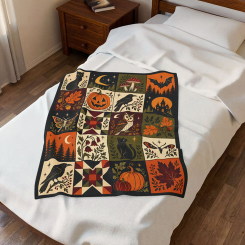 Vintage Halloween Patchwork Blanket | Dark Cottagecore Velveteen Fleece Throw