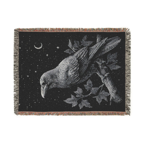 Raven Woven Blanket Black & White Jacquard Cotton Throw, Gothic Moon and Stars Tapestry, Crow Wall Art, Occult Witchy Home Decor