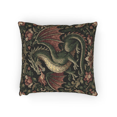 Woven Dragon Tapestry Pillow with Insert, Medieval Fantasy Cushion William Morris Renaissance Style Gothic Fantasy Sofa Decor