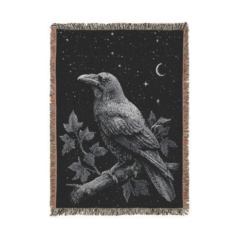 Raven Woven Blanket Black & White Jacquard Cotton Throw, Gothic Moon and Stars Tapestry, Crow Wall Art, Occult Witchy Home Decor