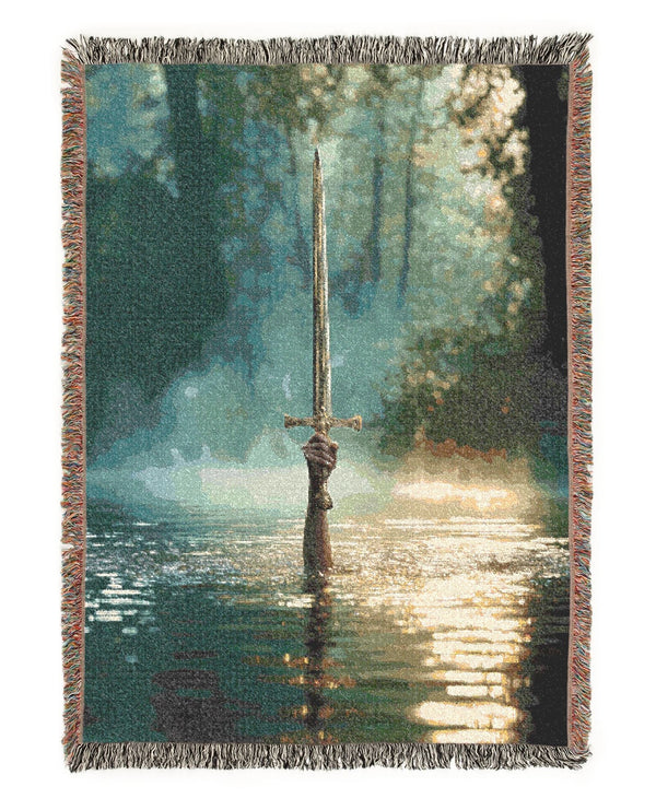 Excalibur Woven Blanket | Lady of the Lake Jacquard Throw, Fantasy Medieval Tapestry, Mythical Medieval Knight Decor Gift