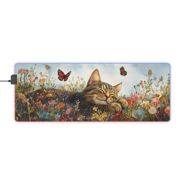 Sleeping Kitten Wildflower Desk Mat LED RGB Light-Up Mouse Pad, Cottagecore Aesthetic, Stitched Edge, Gamer Gift