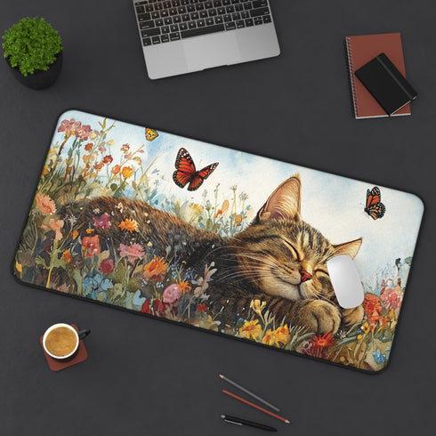 Charming Sleeping Kitten Desk Mat Fully Customizable, Anti-Slip, Neoprene Office and Home Decor in 3 Sizes