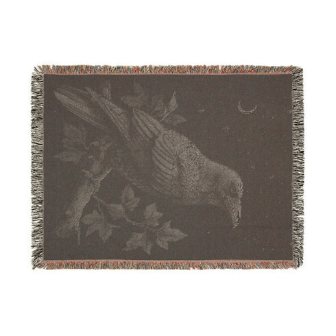 Raven Woven Blanket Black & White Jacquard Cotton Throw, Gothic Moon and Stars Tapestry, Crow Wall Art, Occult Witchy Home Decor