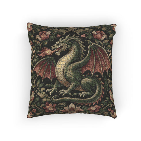 Woven Dragon Tapestry Pillow with Insert, Medieval Fantasy Cushion William Morris Renaissance Style Gothic Fantasy Sofa Decor