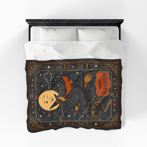 Vintage Halloween Witch Blanket | Retro Moon Velveteen Fleece Throw