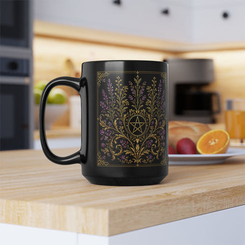 Black Lavender Pentacle Mug, Gothic Botanical Ceramic Coffee Mug