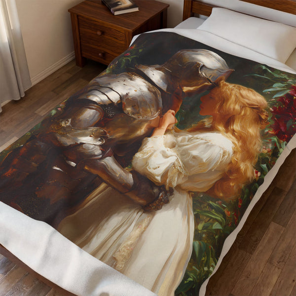Knight and Maiden Romance Velveteen Plush Blanket | Romantic Medieval Painting