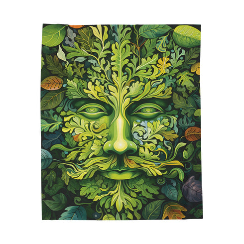 Green Man Face Forest Folklore Velveteen Plush Blanket Throw