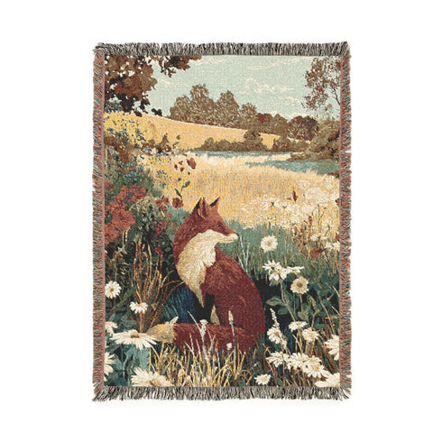 Cozy Nature-Inspired Fox in A Wildflower Field Woven Blanket, Warm Throw for Living Room, Gift for Home Decor, Autumn Decor Blanket