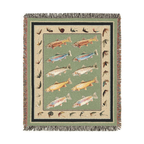 Trout Fly Fishing Cotton Woven Throw Blanket | Gift For Fly Fisherman With Fishing Lures, Cozy Blanket, Rustic Cabin Lake House Decor