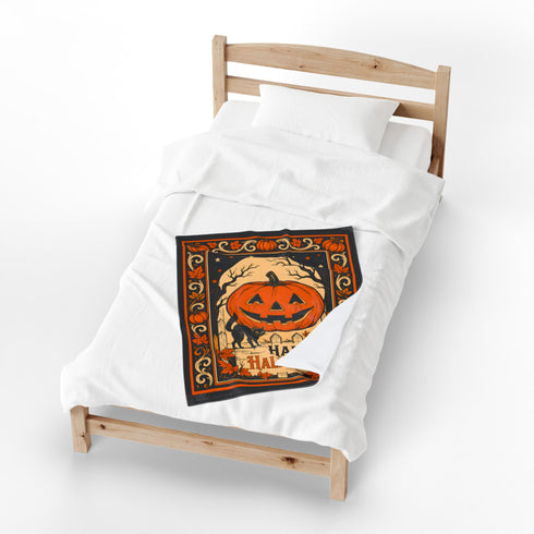 Vintage Black Cat Halloween Blanket | Jack O’ Lantern Pumpkin Fleece Throw