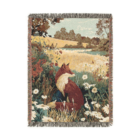 Cozy Nature-Inspired Fox in A Wildflower Field Woven Blanket, Warm Throw for Living Room, Gift for Home Decor, Autumn Decor Blanket