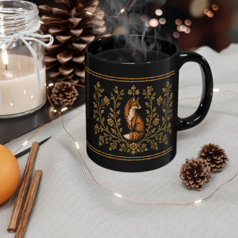 Foxfire Retreat Foliage Black Ceramic Mug – Vintage Botanical Fox Coffee Cup (11oz/15oz)
