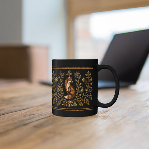 Foxfire Retreat Foliage Black Ceramic Mug – Vintage Botanical Fox Coffee Cup (11oz/15oz)