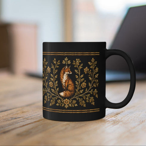 Foxfire Retreat Foliage Black Ceramic Mug – Vintage Botanical Fox Coffee Cup (11oz/15oz)
