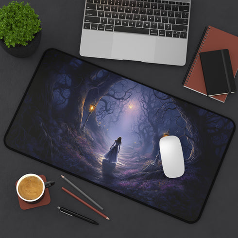 Enchanted Forest Path Desk Mat | Mystical Girl, Lanterns, Twilight