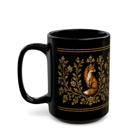 Foxfire Retreat Foliage Black Ceramic Mug – Vintage Botanical Fox Coffee Cup (11oz/15oz)