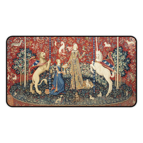 Medieval Tapestry Lady with Lion and Unicorn Desk Mat | Renaissance Art Mouse Pad