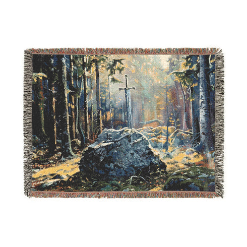 Arthurian Sword Excalibur in Stone Tapestry Woven Blanket Fantasy Jacquard Cotton Throw, Medieval Forest Tapestry, Arthurian Legend Home Decor Gift