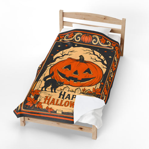 Vintage Black Cat Halloween Blanket | Jack O’ Lantern Pumpkin Fleece Throw