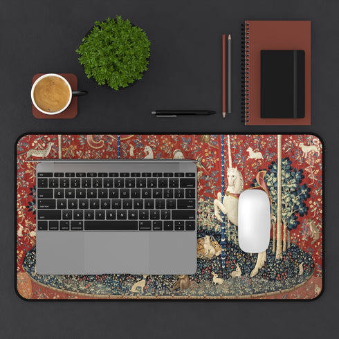 Medieval Tapestry Lady with Lion and Unicorn Desk Mat | Renaissance Art Mouse Pad