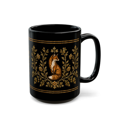Foxfire Retreat Foliage Black Ceramic Mug – Vintage Botanical Fox Coffee Cup (11oz/15oz)