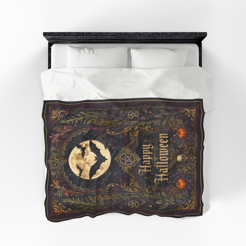 Victorian Halloween Velveteen Blanket | Gothic Moon & Bats Throw