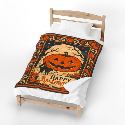 Vintage Black Cat Halloween Blanket | Jack O’ Lantern Pumpkin Fleece Throw