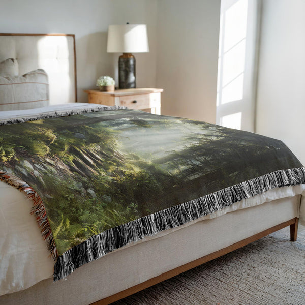 Enchanted Forest Path Woven Blanket Cotton Jacquard Throw, Woodland Trail Tapestry, Cozy Rustic Nature Decor Blanket