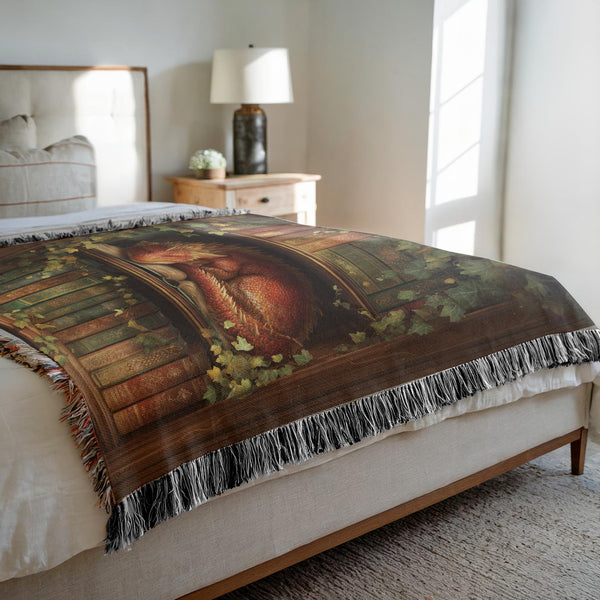 Sleeping Dragon Woven Blanket Cotton Jacquard Tapestry, Fantasy Home Decor, Cozy Reading Nook Book Lover Gift