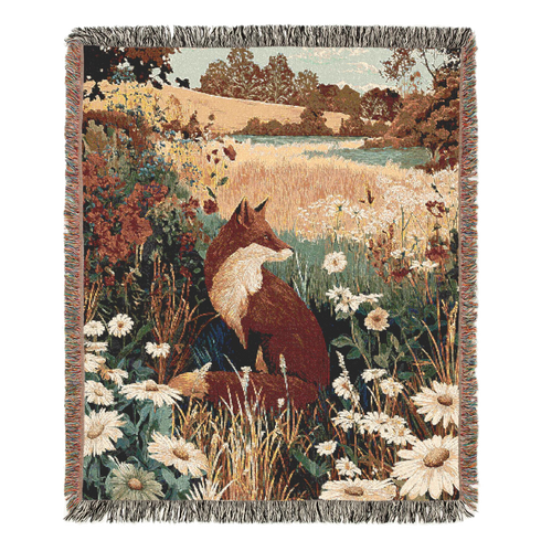 Cozy Nature-Inspired Fox in A Wildflower Field Woven Blanket, Warm Throw for Living Room, Gift for Home Decor, Autumn Decor Blanket
