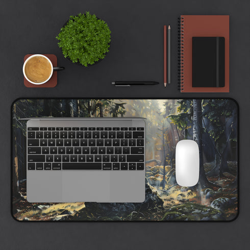 Excalibur in Forest Desk Mat | Medieval Fantasy Landscape, Sunlit Mossy Woods