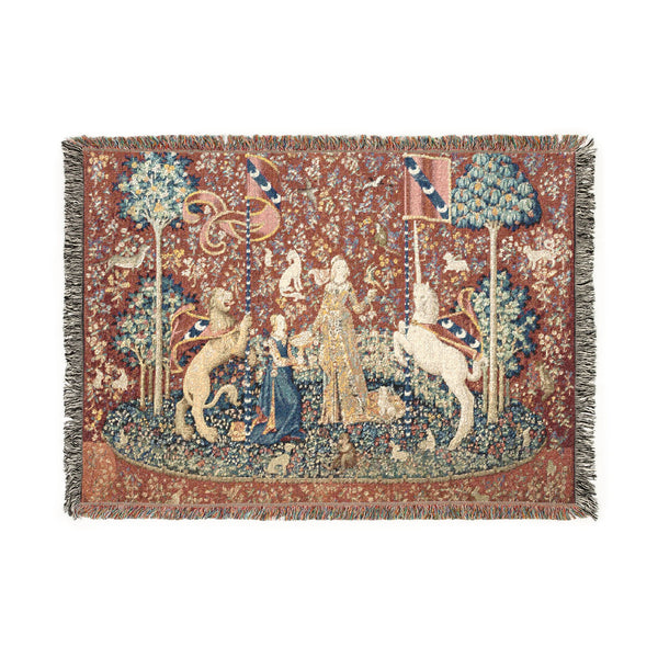 Medieval Scene of Queen with British Lion and Unicorn in Garden Woven Blanket