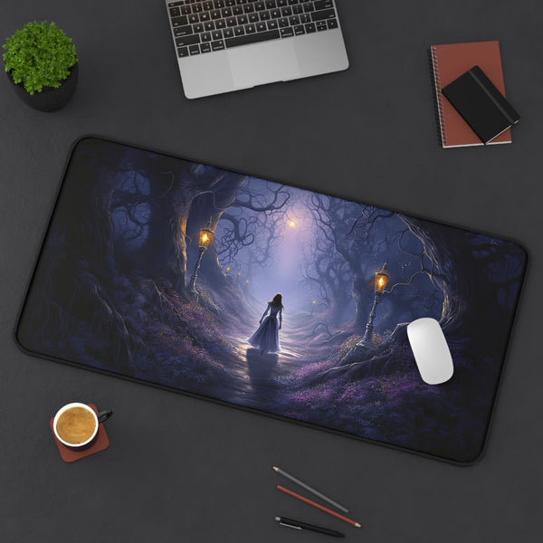Enchanted Forest Path Desk Mat | Mystical Girl, Lanterns, Twilight