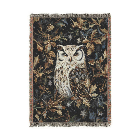 Woodland Owl in Holly Woven Jacquard Cotton Blanket, Throw or Wall Tapestry Boho Owl Nature Blanket Forest Decor, Cozy Cabin Blanket