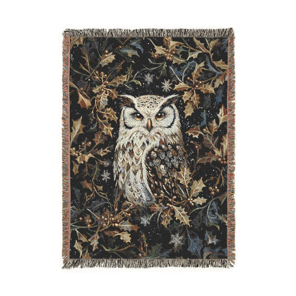 Woodland Owl in Holly Woven Jacquard Cotton Blanket, Throw or Wall Tapestry Boho Owl Nature Blanket Forest Decor, Cozy Cabin Blanket